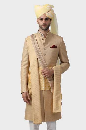 Raghavendra Rathore Jodhpur_Gold Silk, Brocade Embroidery Gilded Pattern Achkan _at_Aza_Fashions