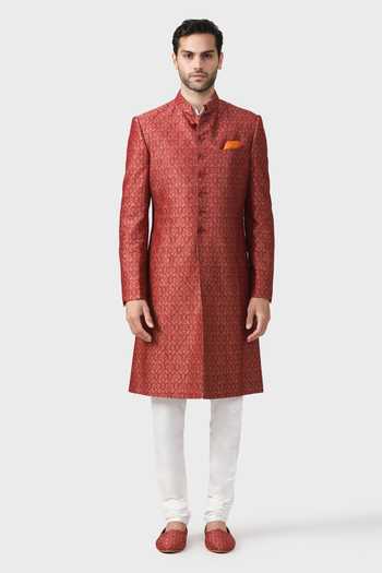 Raghavendra Rathore Jodhpur_Maroon Silk, Brocade Embroidery Heritage Pattern Achkan _Online_at_Aza_Fashions