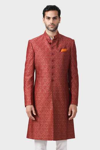 Buy_Raghavendra Rathore Jodhpur_Maroon Silk, Brocade Embroidery Heritage Pattern Achkan _Online_at_Aza_Fashions