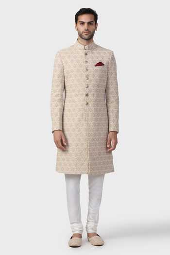 Raghavendra Rathore Jodhpur_Gold Silk, Brocade Pearls, Beads Coronation Pattern Achkan _Online_at_Aza_Fashions