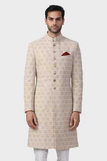 Buy_Raghavendra Rathore Jodhpur_Gold Silk, Brocade Pearls, Beads Coronation Pattern Achkan _Online_at_Aza_Fashions