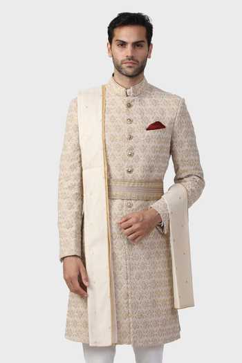 Shop_Raghavendra Rathore Jodhpur_Gold Silk, Brocade Pearls, Beads Coronation Pattern Achkan _Online_at_Aza_Fashions