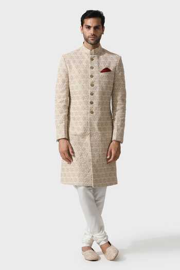 Raghavendra Rathore Jodhpur_Gold Silk, Brocade Pearls, Beads Coronation Pattern Achkan _at_Aza_Fashions