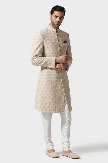 Buy_Raghavendra Rathore Jodhpur_Gold Silk, Brocade Pearls, Beads Coronation Pattern Achkan 