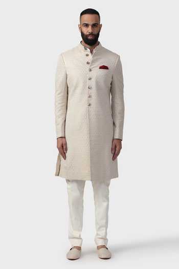 Raghavendra Rathore Jodhpur_Off White Silk, Brocade Zari Ceremonial Floral Pattern Achkan _Online_at_Aza_Fashions