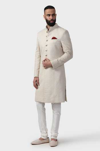 Buy_Raghavendra Rathore Jodhpur_Off White Silk, Brocade Zari Ceremonial Floral Pattern Achkan _Online_at_Aza_Fashions