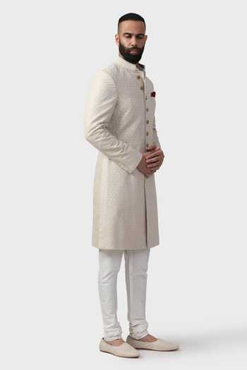Shop_Raghavendra Rathore Jodhpur_Off White Silk, Brocade Zari Ceremonial Floral Pattern Achkan _Online_at_Aza_Fashions