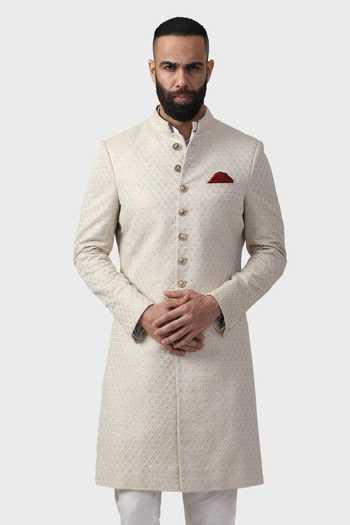 Raghavendra Rathore Jodhpur_Off White Silk, Brocade Zari Ceremonial Floral Pattern Achkan _at_Aza_Fashions