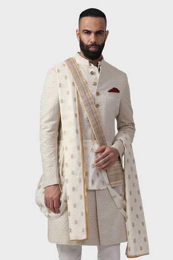Buy_Raghavendra Rathore Jodhpur_Off White Silk, Brocade Zari Ceremonial Floral Pattern Achkan 