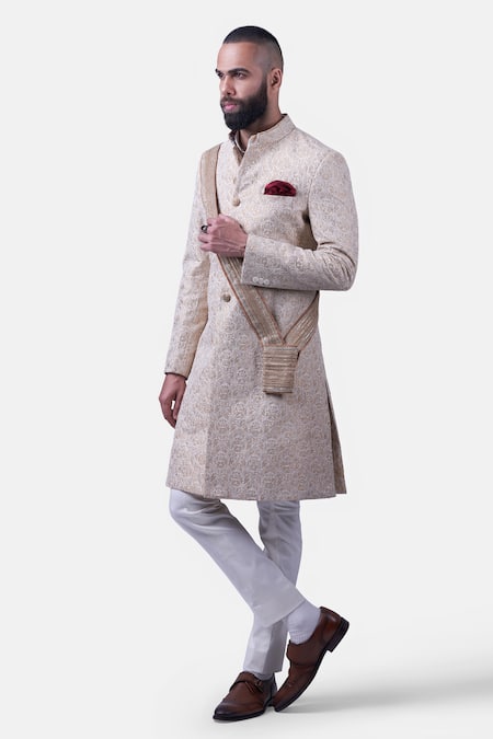 Raghavendra Rathore Jodhpur Gold Silk, Brocade Embroidery Sheesh Mahal Achkan