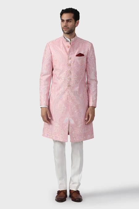 Raghavendra Rathore Jodhpur_Pink Silk Sequins, Beads Palace Mural Embroidered Achkan _Online_at_Aza_Fashions