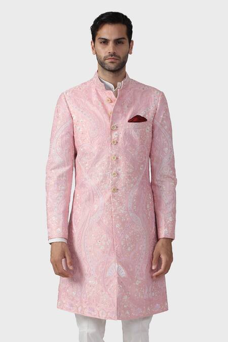 Buy_Raghavendra Rathore Jodhpur_Pink Silk Sequins, Beads Palace Mural Embroidered Achkan _Online_at_Aza_Fashions
