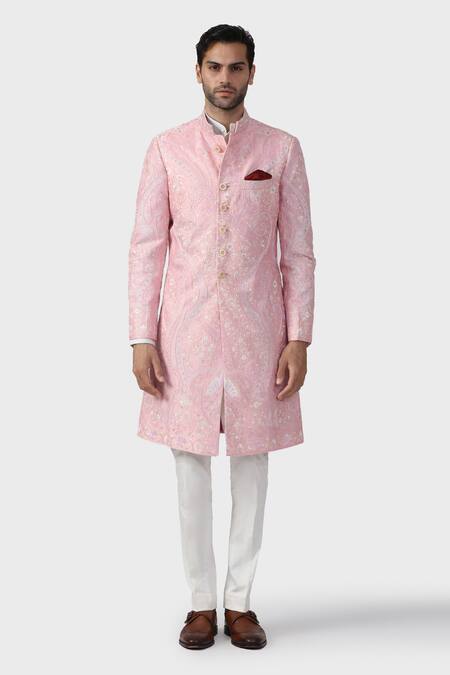 Shop_Raghavendra Rathore Jodhpur_Pink Silk Sequins, Beads Palace Mural Embroidered Achkan _Online_at_Aza_Fashions