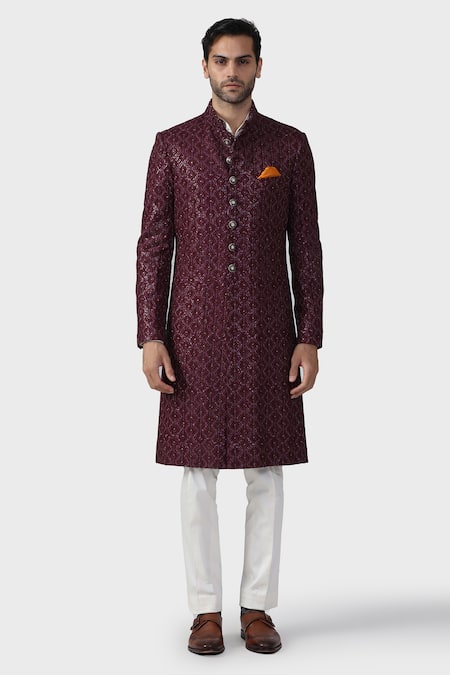 Raghavendra Rathore Jodhpur_Wine Linen Embroidery Regalia Achkan _Online_at_Aza_Fashions