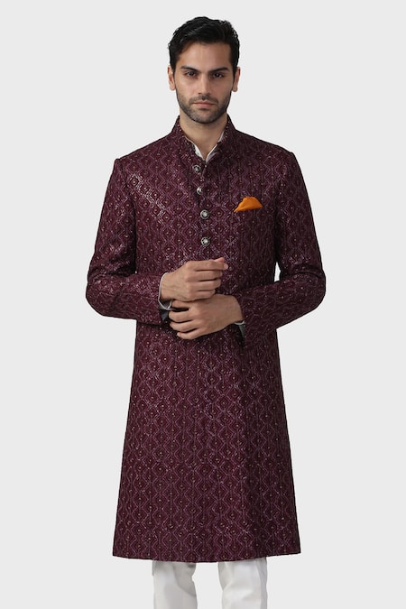 Buy_Raghavendra Rathore Jodhpur_Wine Linen Embroidery Regalia Achkan _Online_at_Aza_Fashions