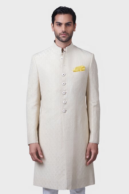 Raghavendra Rathore Jodhpur_Off White Linen, Silk Embroidery Diwani Khas Achkan _Online_at_Aza_Fashions