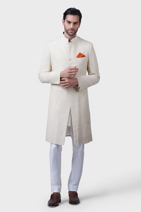 Shop_Raghavendra Rathore Jodhpur_Off White Linen, Silk Embroidery Diwani Khas Achkan _Online_at_Aza_Fashions