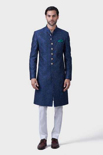 Raghavendra Rathore Jodhpur_Blue Silk Embroidery Chand Baori Achkan _Online_at_Aza_Fashions