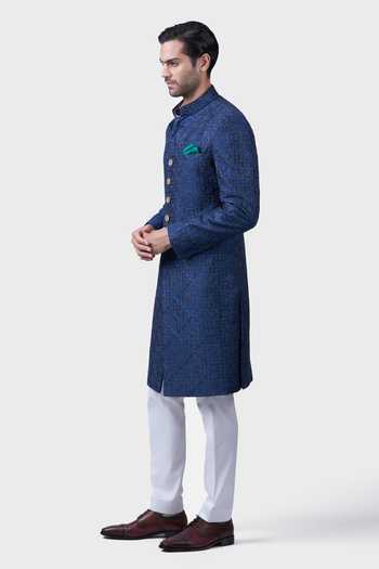 Buy_Raghavendra Rathore Jodhpur_Blue Silk Embroidery Chand Baori Achkan _Online_at_Aza_Fashions