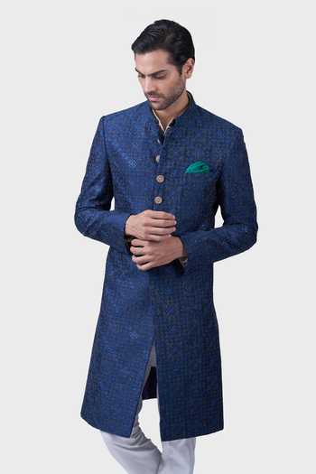 Shop_Raghavendra Rathore Jodhpur_Blue Silk Embroidery Chand Baori Achkan _Online_at_Aza_Fashions
