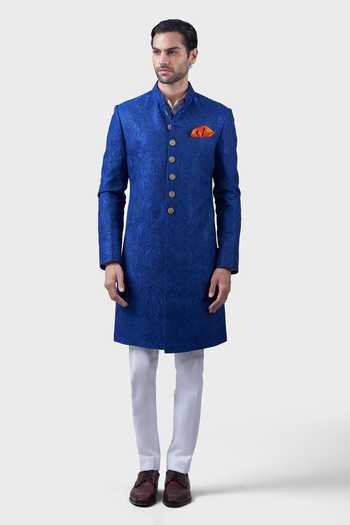 Raghavendra Rathore Jodhpur_Blue Silk Embroidery Palace Achkan _Online_at_Aza_Fashions