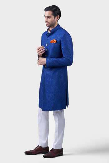 Buy_Raghavendra Rathore Jodhpur_Blue Silk Embroidery Palace Achkan _Online_at_Aza_Fashions