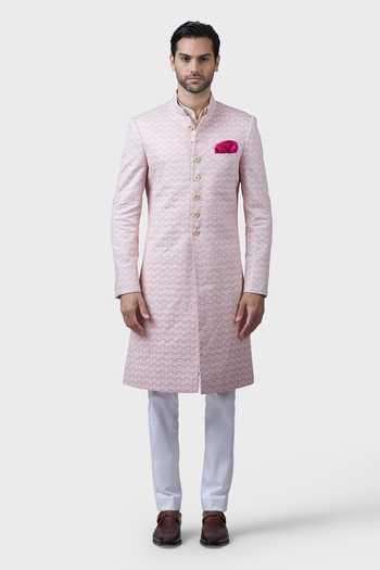 Raghavendra Rathore Jodhpur_Peach Cotton, Linen Embroidery Trellis Achkan _Online_at_Aza_Fashions