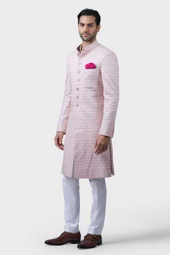 Buy_Raghavendra Rathore Jodhpur_Peach Cotton, Linen Embroidery Trellis Achkan _Online_at_Aza_Fashions