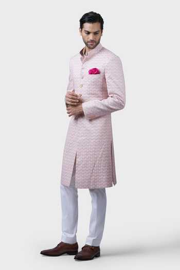 Shop_Raghavendra Rathore Jodhpur_Peach Cotton, Linen Embroidery Trellis Achkan _Online_at_Aza_Fashions