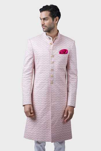Raghavendra Rathore Jodhpur_Peach Cotton, Linen Embroidery Trellis Achkan _at_Aza_Fashions