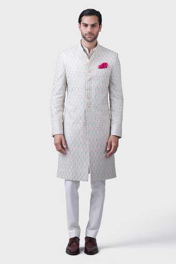 Raghavendra Rathore Jodhpur_White Cotton Zari Chitrashala Achkan _Online_at_Aza_Fashions