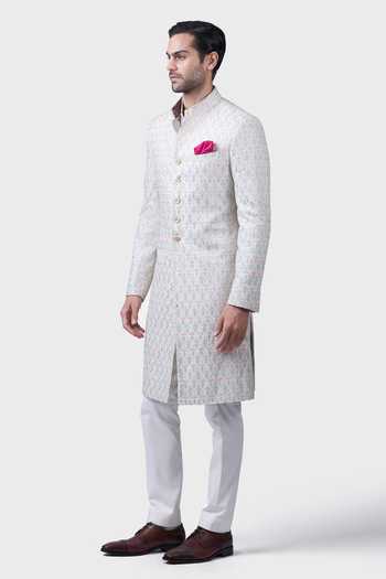 Buy_Raghavendra Rathore Jodhpur_White Cotton Zari Chitrashala Achkan _Online_at_Aza_Fashions
