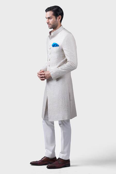 Buy_Raghavendra Rathore Jodhpur_Off White Silk Embroidery Shahi Achkan _Online_at_Aza_Fashions