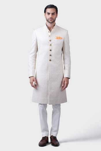 Raghavendra Rathore Jodhpur_Off White Silk Embroidery Mahal Achkan _Online_at_Aza_Fashions