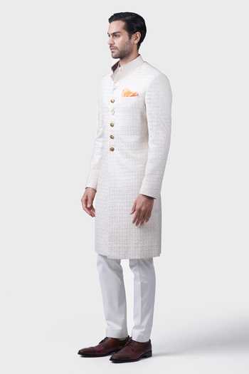 Buy_Raghavendra Rathore Jodhpur_Off White Silk Embroidery Mahal Achkan _Online_at_Aza_Fashions