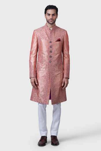 Raghavendra Rathore Jodhpur_Pink Silk, Brocade Embroidery Nizam Floral Pattern Achkan _Online_at_Aza_Fashions