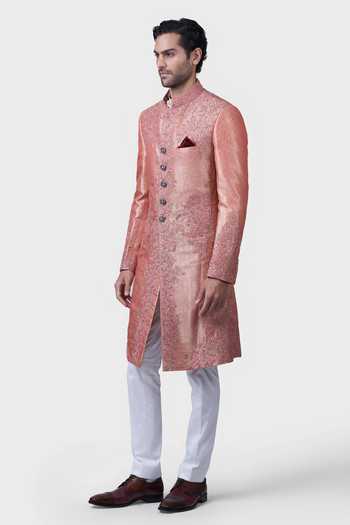Buy_Raghavendra Rathore Jodhpur_Pink Silk, Brocade Embroidery Nizam Floral Pattern Achkan _Online_at_Aza_Fashions