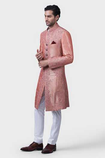 Shop_Raghavendra Rathore Jodhpur_Pink Silk, Brocade Embroidery Nizam Floral Pattern Achkan _Online_at_Aza_Fashions