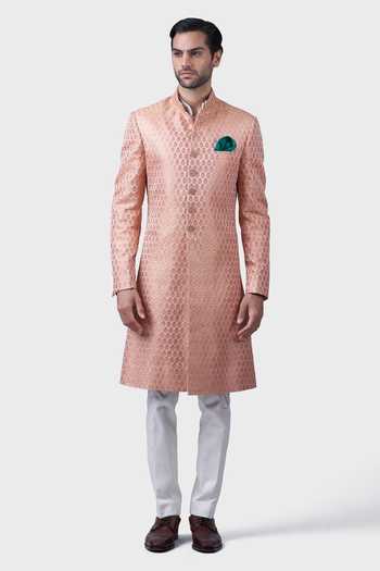 Raghavendra Rathore Jodhpur Peach Silk, Brocade Embroidery Honeycomb Zari Achkan Online at Aza Fashions Raghavendra Rathore Jodhpur_Peach Silk, Brocade Embroidery Honeycomb Zari Achkan _Online_at_Aza_Fashions