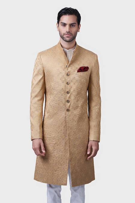 Raghavendra Rathore Jodhpur Gold Silk, Brocade Embroidery Chaupar Floral Pattern Achkan 