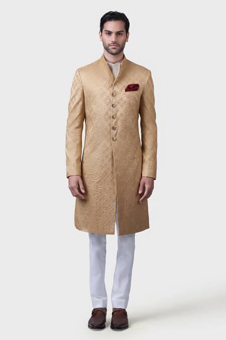 Raghavendra Rathore Jodhpur Gold Silk, Brocade Embroidery Chaupar Floral Pattern Achkan Online at Aza Fashions Raghavendra Rathore Jodhpur_Gold Silk, Brocade Embroidery Chaupar Floral Pattern Achkan _Online_at_Aza_Fashions