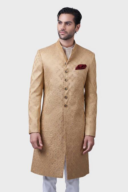 Shop Raghavendra Rathore Jodhpur Gold Silk, Brocade Embroidery Chaupar Floral Pattern Achkan Online at Aza Fashions Shop_Raghavendra Rathore Jodhpur_Gold Silk, Brocade Embroidery Chaupar Floral Pattern Achkan _Online_at_Aza_Fashions