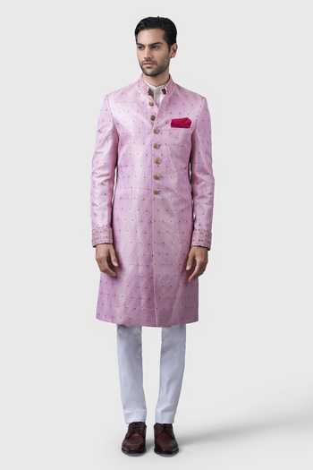 Raghavendra Rathore Jodhpur_Pink Silk, Brocade Embroidery Regalia Pattern Achkan _Online_at_Aza_Fashions