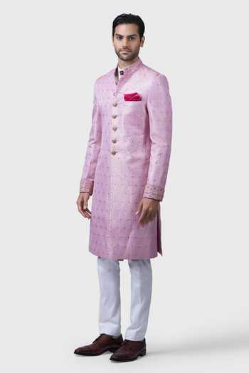 Buy_Raghavendra Rathore Jodhpur_Pink Silk, Brocade Embroidery Regalia Pattern Achkan _Online_at_Aza_Fashions