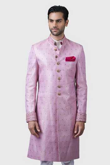 Shop_Raghavendra Rathore Jodhpur_Pink Silk, Brocade Embroidery Regalia Pattern Achkan _Online_at_Aza_Fashions