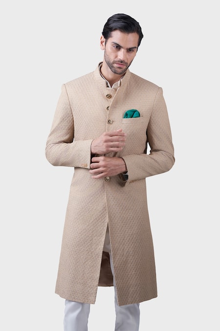 Raghavendra Rathore Jodhpur Beige Silk, Brocade Sand Dune Pattern Achkan