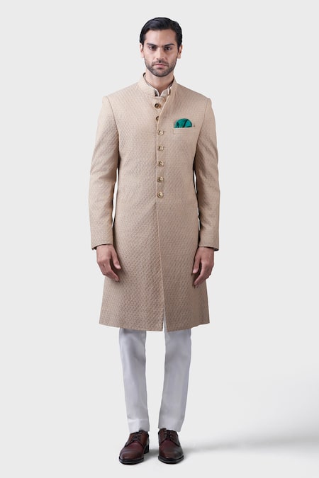Raghavendra Rathore Jodhpur_Beige Silk, Brocade Sand Dune Pattern Achkan _Online_at_Aza_Fashions