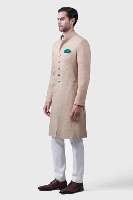 Buy_Raghavendra Rathore Jodhpur_Beige Silk, Brocade Sand Dune Pattern Achkan _Online_at_Aza_Fashions