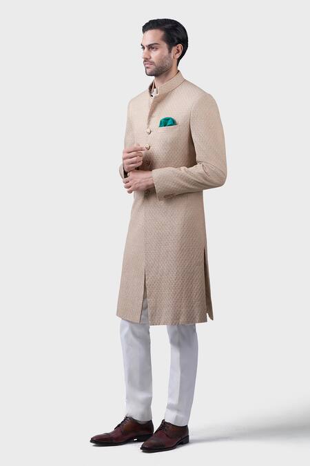 Shop_Raghavendra Rathore Jodhpur_Beige Silk, Brocade Sand Dune Pattern Achkan _Online_at_Aza_Fashions