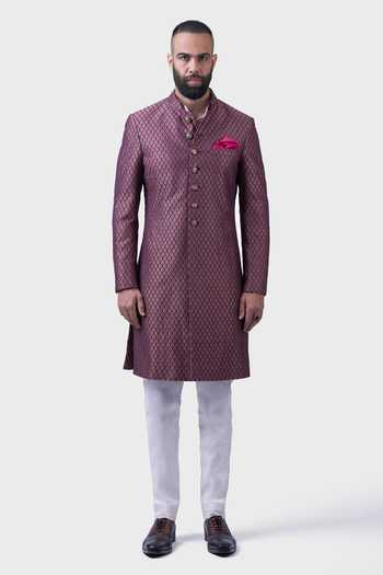 Raghavendra Rathore Jodhpur_Wine Silk, Brocade Embroidery Baroda Pattern Achkan _Online_at_Aza_Fashions
